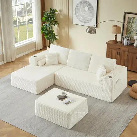 Corduroy Cloud Couch with Cup Holder and Pillows